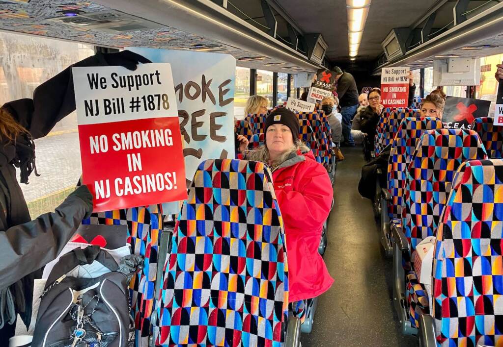 Image from iOS (209) New Jersey casino workers want the state to implement a ban on smoking a casinos, citing health concerns. Advocates with Casino Employees Against Smoking Effects organized a rally in Trenton on Dec. 9, 2021. (Tennyson Donyéa/WHYY)