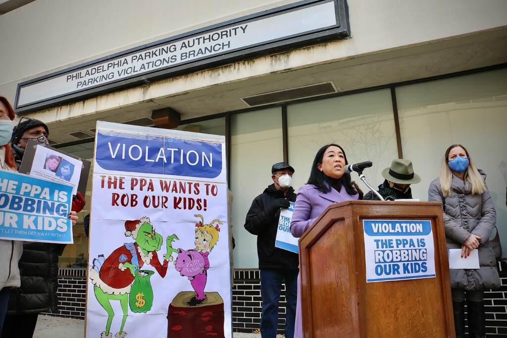 Image from iOS City Council member Helen Gym lambasts the Philadelphia Parking Authority for trying to reclaim money paid to the Philadelphia School District. (Emma Lee/WHYY)