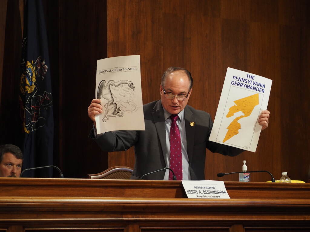 House GOP Leader Kerry Benninghoff holds up an image of a district he thinks is unacceptably gerrymandered House GOP Leader Kerry Benninghoff holds up an image of a district he thinks is unacceptably gerrymandered