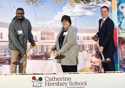 (From left) Senate Alexander, Executive Director of Catherine Hershey Schools for Early Learning (CHS), Diane Koken, Board Chairman, Milton Hershey School, and Josh Shapiro, Pennsylvania Attorney General, break ground on CHS Hershey’s first Early Childhood Resource Center