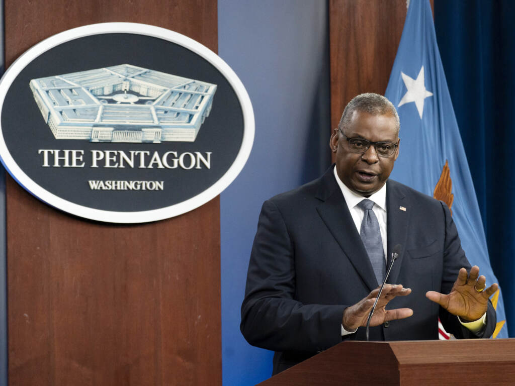 Secretary of Defense Lloyd Austin speaks during a media briefing at the Pentagon last month. The military branches have begun discharging people who refuse to get vaccinated against COVID-19. Secretary of Defense Lloyd Austin speaks during a media briefing at the Pentagon