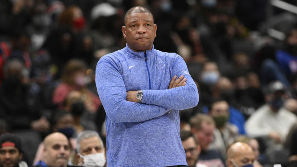 76ers Wizards Basketball Philadelphia 76ers head coach Doc Rivers looks on during the first half of an NBA basketball game