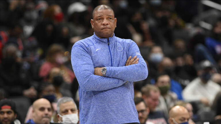 Philadelphia 76ers head coach Doc Rivers looks on during the first half of an NBA basketball game