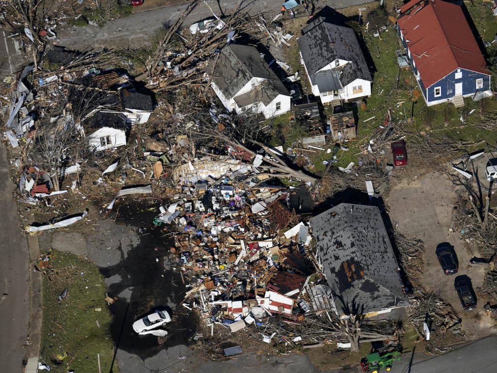Destroyed homes are seen in an aerial photo