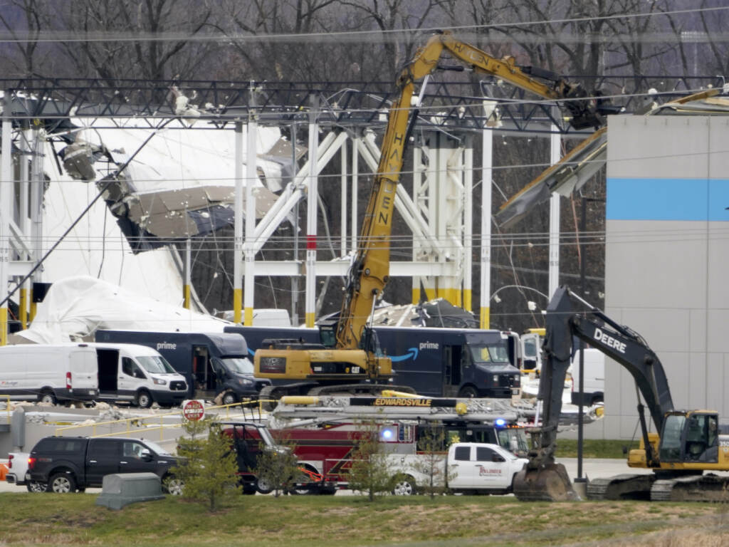 A heavily damaged Amazon fulfillment center