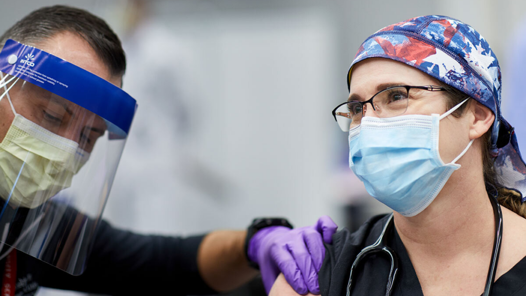 When Dr. Tiffany M. Osborn received her COVID-19 vaccination shortly after vaccines became available in late 2020, she felt hopeful about the pandemic’s trajectory. A year later, she’s sad and frustrated to see so many COVID patients in the ICU. When Dr. Tiffany M. Osborn received her COVID-19 vaccination shortly after vaccines became available in late 2020, she felt hopeful about the pandemic's trajectory. A year later, she's sad and frustrated to see so many COVID patients in the ICU.
Matt Miller / Washington University School of Medicine