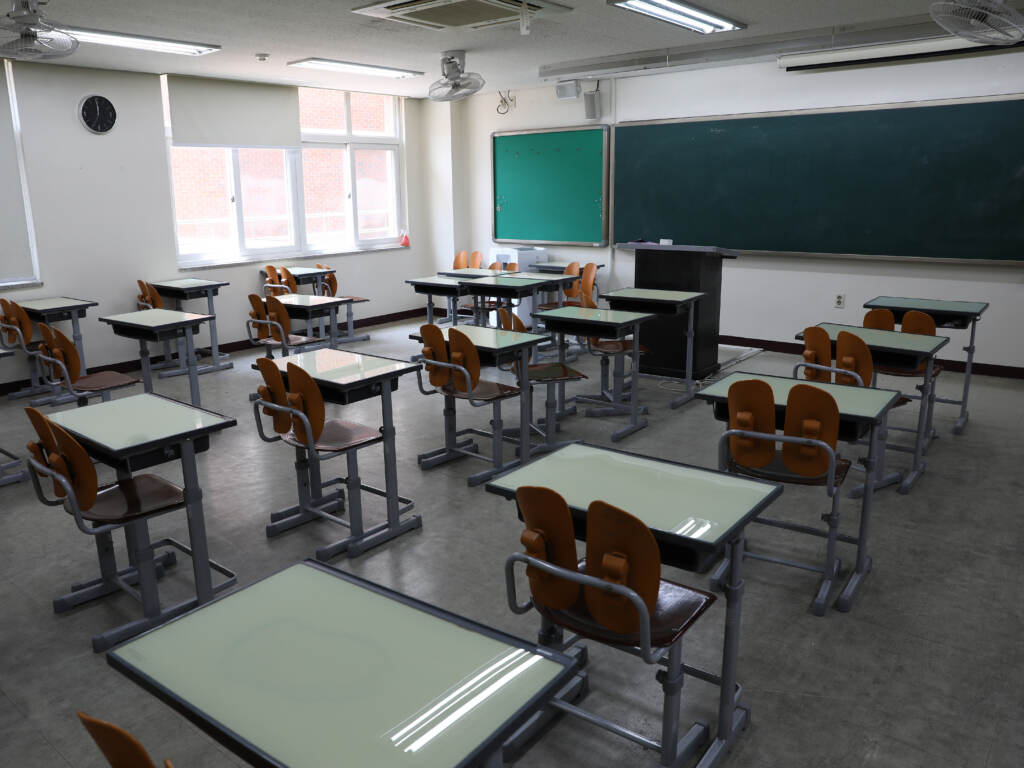 An empty classroom during the pandemic in Seoul, South Korea. An empty classroom