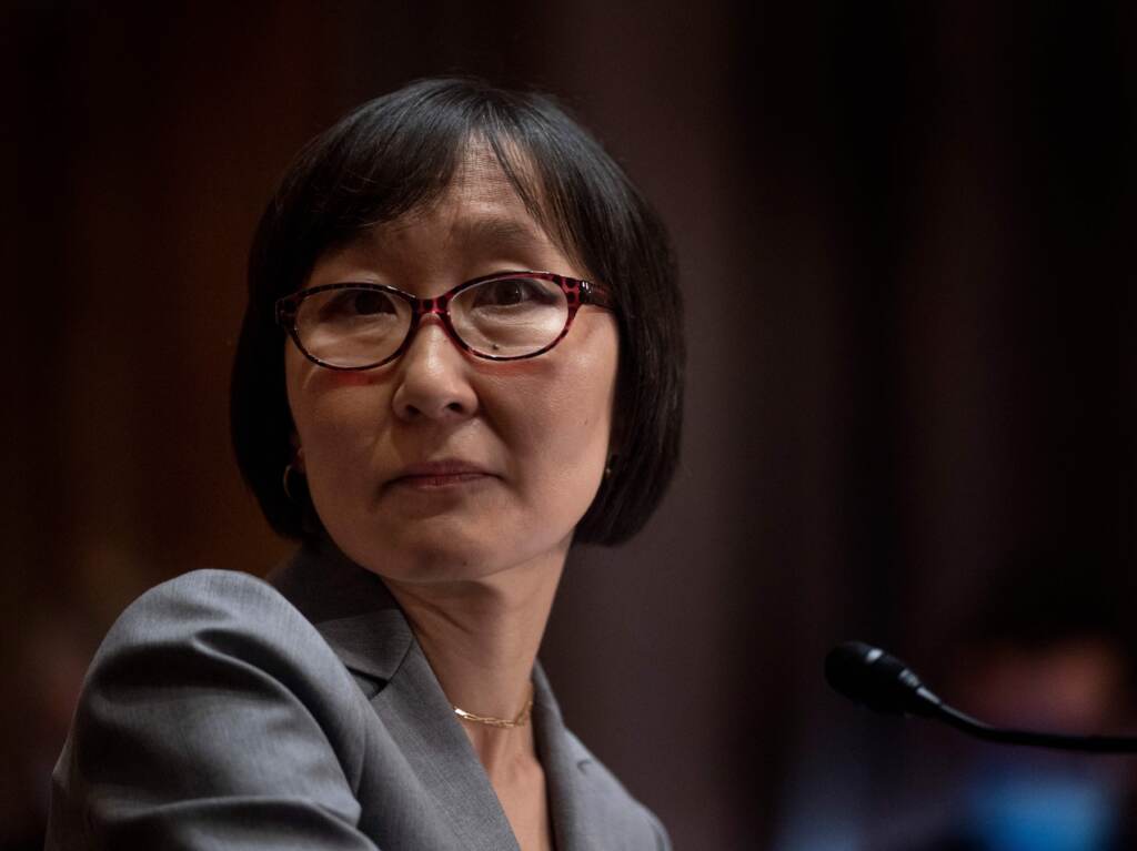Saule Omarova testifies before the Senate Banking Committee on Nov. 18 during her nomination hearing to head the Office of the Comptroller of the Currency. Days after withdrawing her nomination, Omarova blamed banks for leading the opposition against her in an interview with NPR’s Morning Edition. Saule Omarova testifies before the Senate Banking Committee on Nov. 18 during her nomination hearing to head the Office of the Comptroller of the Currency. Days after withdrawing her nomination, Omarova blamed banks for leading the opposition against her in an interview with NPR's Morning Edition. (Jim Watson/AFP via Getty Images)