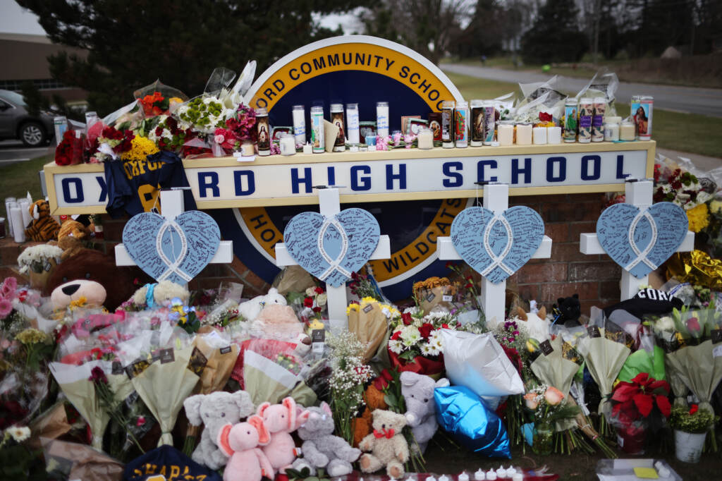 A memorial outside of Oxford High School, where four students were killed in a mass shooting Tuesday. A memorial outside of Oxford High School