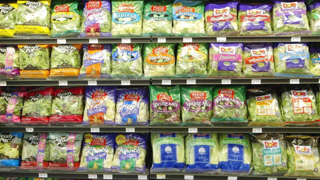 Pre-packaged salad sits on the shelf at a Bell Market grocery store in San Francisco in 2003. Hundreds of recent salad products from Dole and Fresh Express have been recalled due to listeria concerns. Pre-Packaged salad sits on the shelf at a Bell Market grocery store June 19, 2003 in San Francisco, California. (Photo by Justin Sullivan/Getty Images)