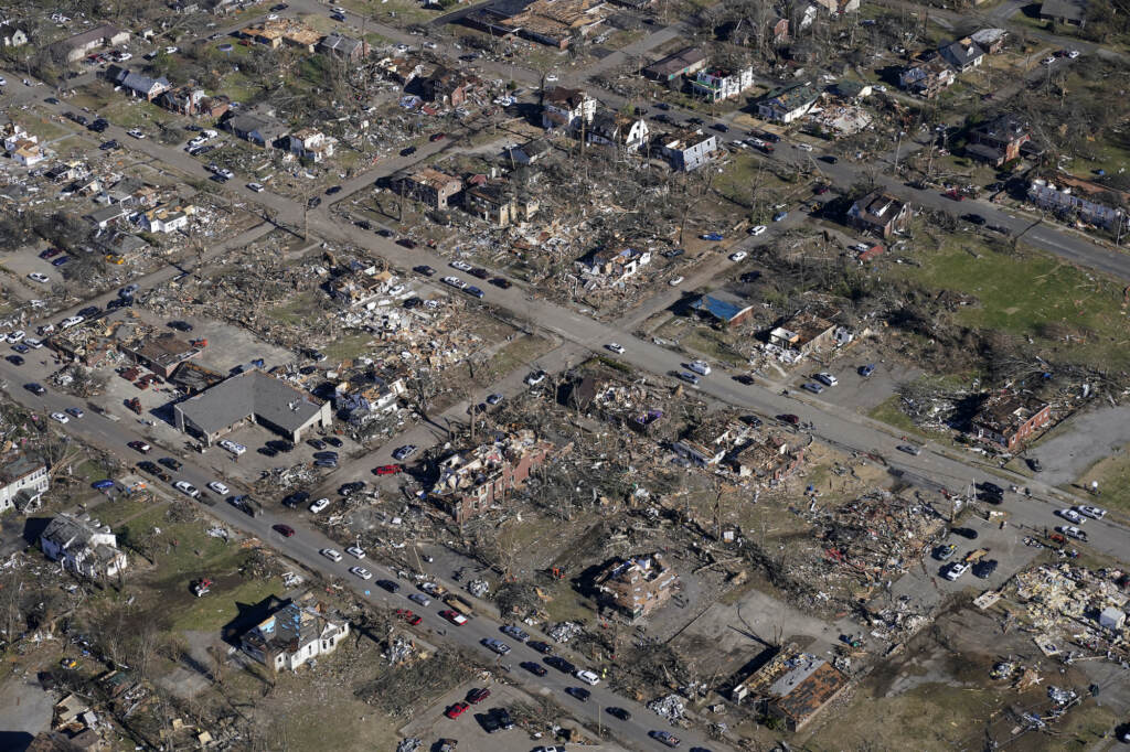 Destruction in downtown Mayfield is seen in an aerial photo