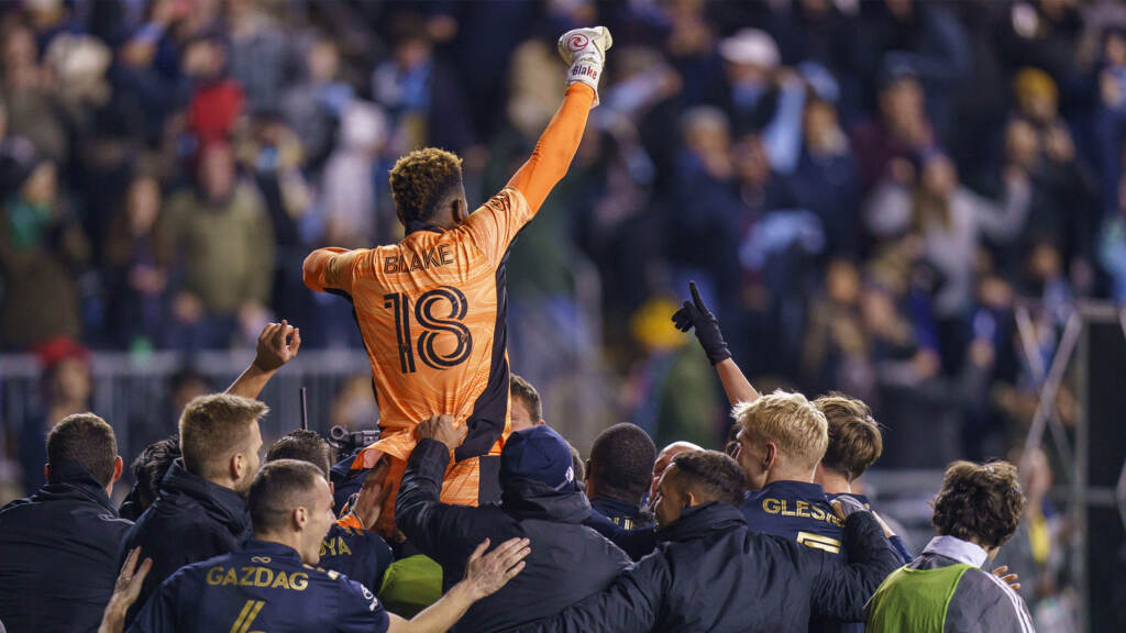 MLS Nashville Union Soccer Keeper Andre Blake is lifted by teammates