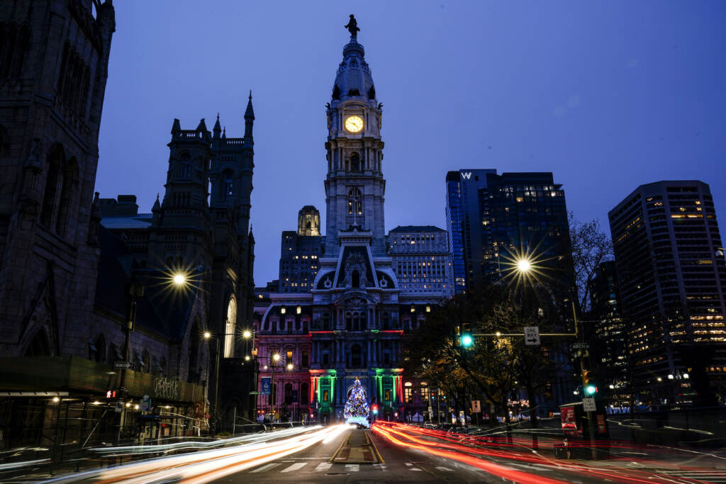 Pennsylvania Daily Life A Christmas Tree is lit up outside City Hall in Philadelphia