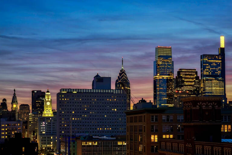 The Philadelphia skyline is pictured at night