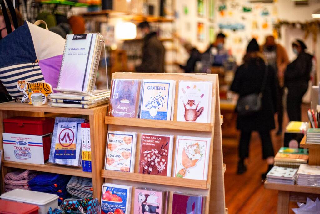 Cards on display inside a store