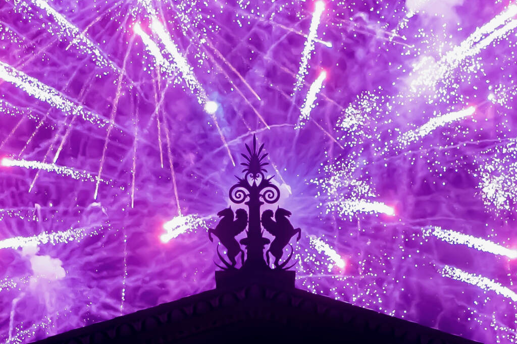 summer 06 2021 07 04 j wilson-philadelphia eakins oval philadelphia museum of art gargoyle july 4th fireworks.jpg Fireworks explode in the background behind a gargoyle atop of the central portico of the Philadelphia Museum of Art
