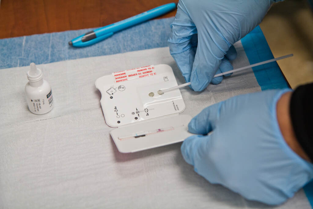 2021-12-23-k-paynter-olney-high-school-teacher-testing-5 More than 20% of tests reported to the Health Department are coming back positive. (Kimberly Paynter/WHYY)