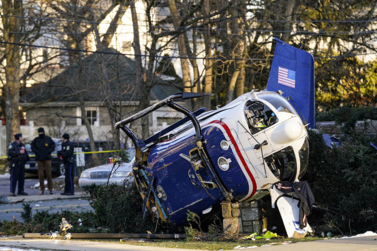 A medical helicopter rests next to the Drexel Hill United Methodist Church