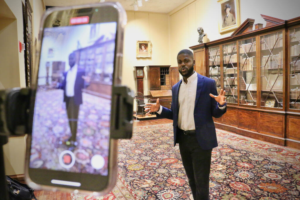 2022 01 18-e lee-kwasi hope agyeman-philadelphia library company-imperfect history tour intro Kwasi Hope Agyeman records an episode of his virtual series, ''Hidden History,'' at the Library Company of Philadelphia