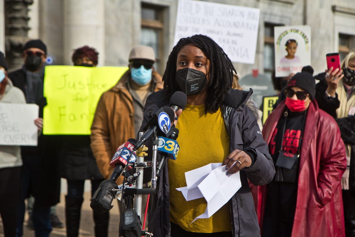 Nia Holsten, staff attorney with the Abolitionist Law Center, said Delaware County District Attorney Jack Stollsteimer’s failure to charge police officers in the killing of 8-year-old Fanta Bility, is blatantly disrespectful to Bility’s family and to all Black lives. (Kimberly Paynter/WHYY)