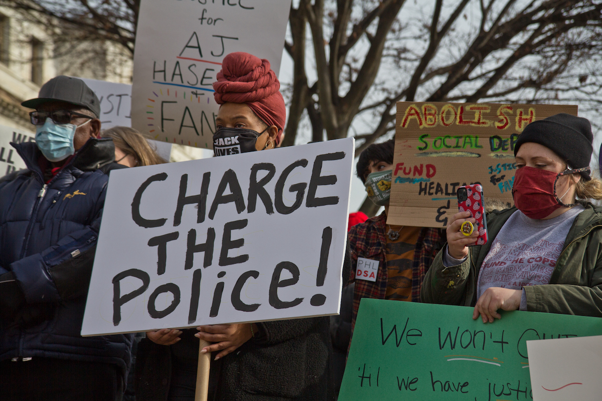 Around 50 people were outside the Delaware County Courthouse on Jan. 13, protesting District Attorney Jack Stollsteimer’s failure to charge officers in the killing of 8-year-old Fanta Bility. (Kimberly Paynter/WHYY)