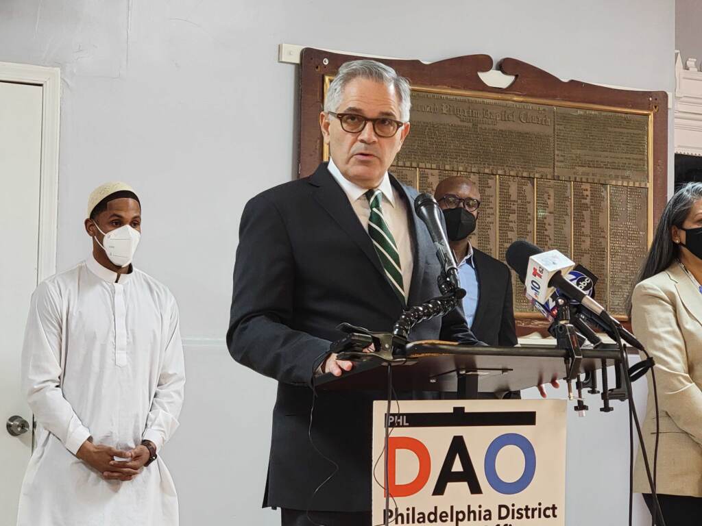 20220131_111136 File photo: DA Larry Krasner speaking in Fairmount during his weekly violence briefing on January 31, 2022. (Tom MacDonald / WHYY)