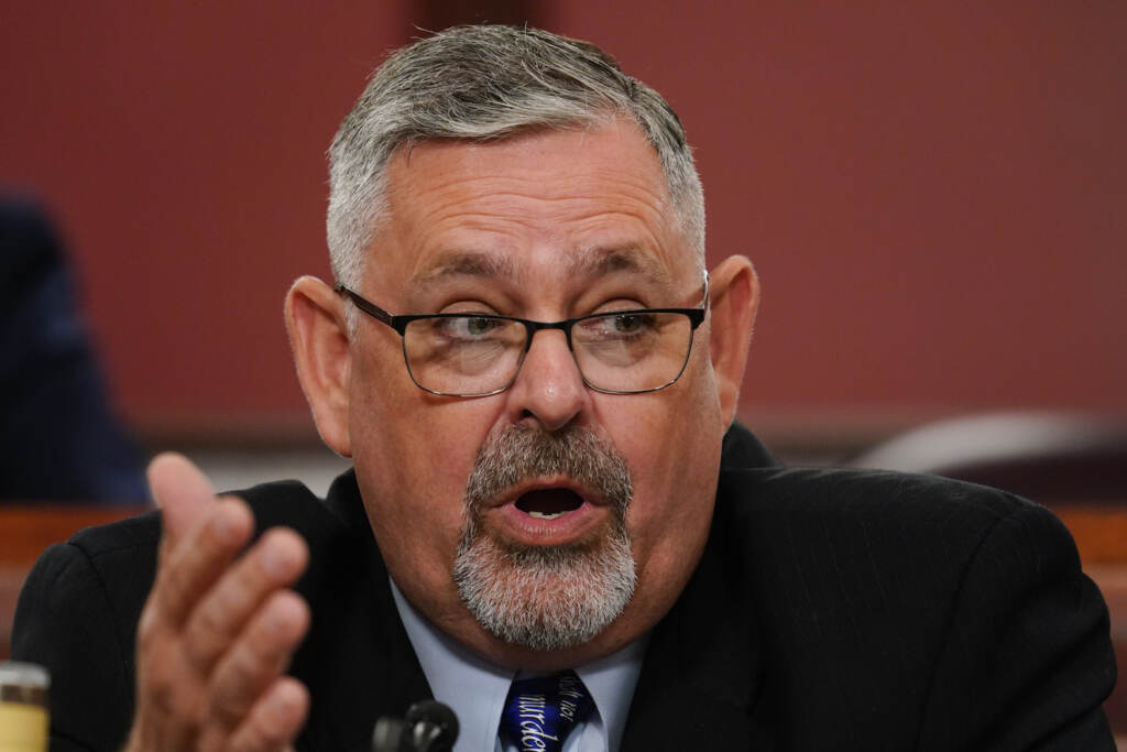 Election 2020-Pennsylvania-Review Chairman of the Senate Intergovernmental Operations Committee Sen. Cris Dush, R-Jefferson, speaks during a hearing at the Pennsylvania Capitol in Harrisburg, Pa., Wednesday, Sept. 15, 2021. (AP Photo/Matt Rourke)