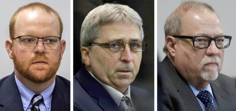 This photo combo shows, from left, Travis McMichael, William 