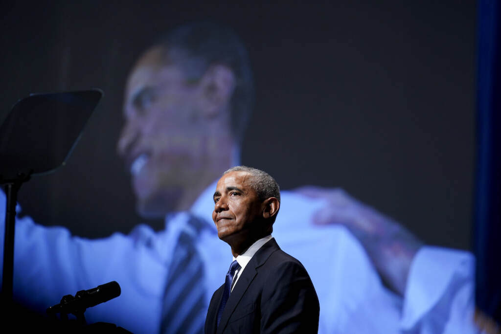 Joe Biden Former President Barack Obama speaks during a memorial service for former Senate Majority Leader Harry Reid at the Smith Center in Las Vegas, Saturday, Jan. 8, 2022