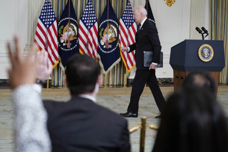 FILE - President Joe Biden departs after speaking about the October jobs report from the State Dining Room of the White House, Nov. 5, 2021, in Washington. As President Joe Biden wraps up his first year in the White House, he has held fewer news conferences than any of  his five immediate predecessors at the same point in their presidencies, and has taken part in fewer media interviews than any of his recent predecessors. That's according to new research from Towson University professor emerita Martha Joynt Kumar. (AP Photo/Evan Vucci, File)