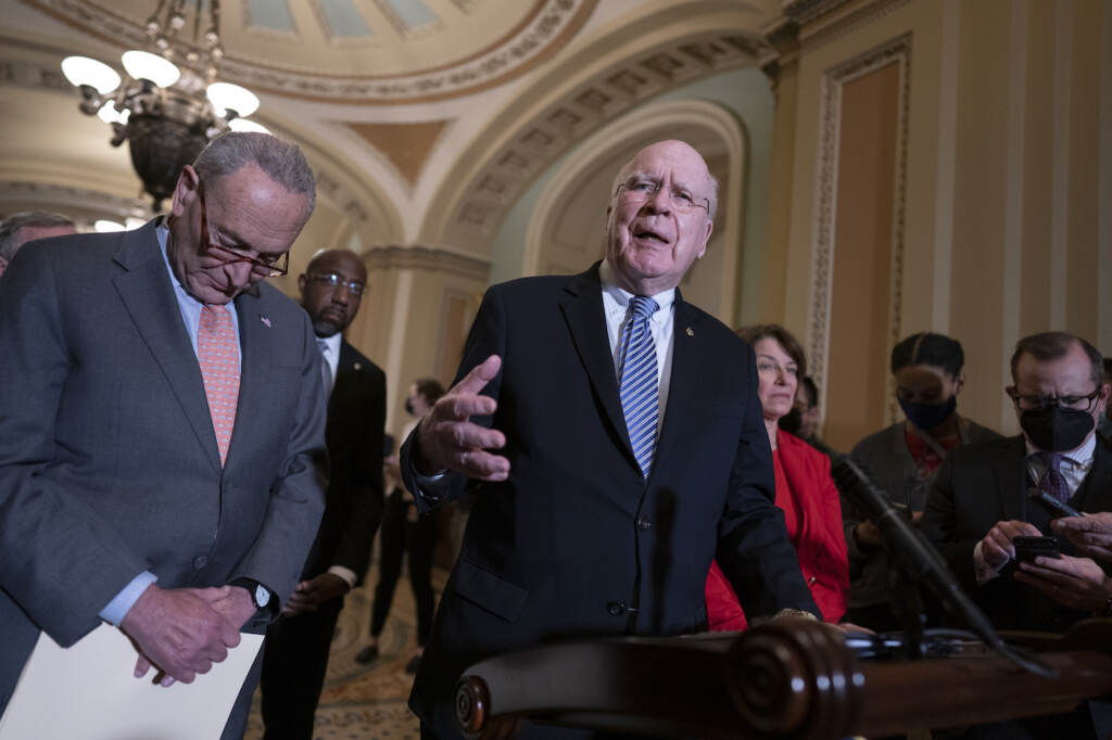 Chuck Schumer, Amy Klobuchar, Patrick Leahy, Raphael Warnock From left, Senate Majority Leader Chuck Schumer, D-N.Y., Sen. Raphael Warnock, D-Ga., Sen. Patrick Leahy, D-Vt., chair of the Senate Appropriations Committee, and Sen. Amy Klobuchar, D-Minn., chair of the Senate Rules Committee, talk about the need for the John Lewis Voting Rights Advancement Act, as they speak to reporters following a Democratic policy meeting at the Capitol in Washington, Tuesday, Nov. 2, 2021. (AP Photo/J. Scott Applewhite)