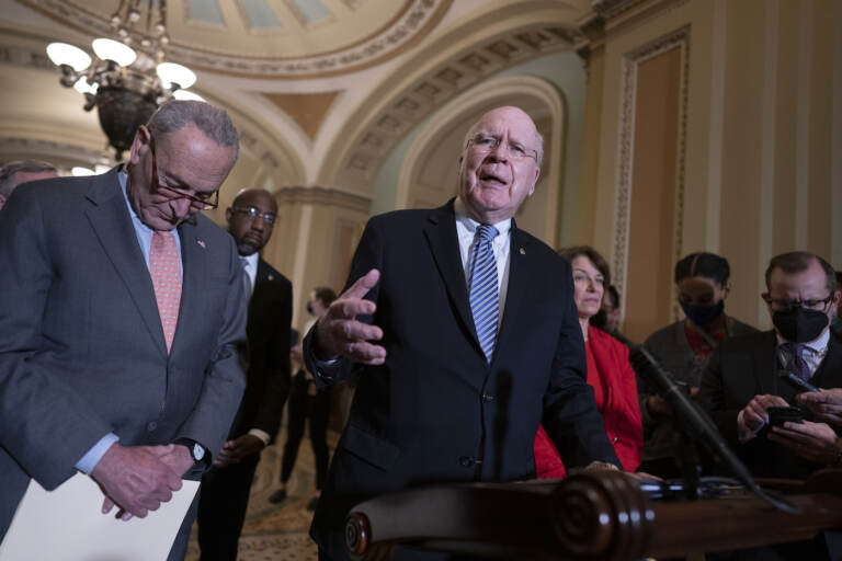 From left, Senate Majority Leader Chuck Schumer, D-N.Y., Sen. Raphael Warnock, D-Ga., Sen. Patrick Leahy, D-Vt., chair of the Senate Appropriations Committee, and Sen. Amy Klobuchar, D-Minn., chair of the Senate Rules Committee, talk about the need for the John Lewis Voting Rights Advancement Act, as they speak to reporters following a Democratic policy meeting at the Capitol in Washington, Tuesday, Nov. 2, 2021. (AP Photo/J. Scott Applewhite)