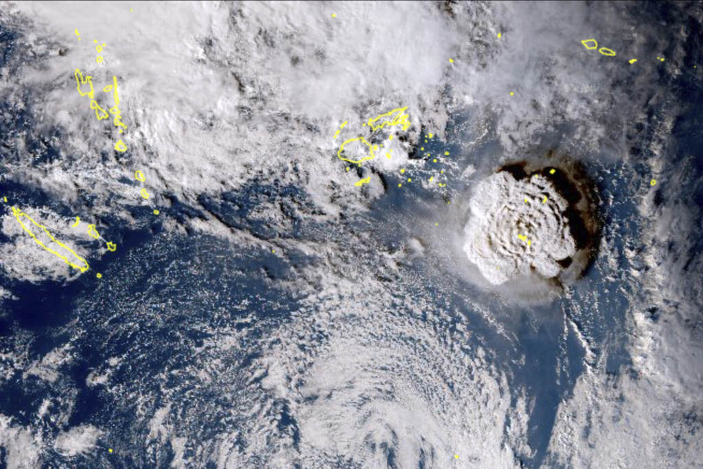 Tonga Volcano Eruption In this satellite image taken by Himawari-8, a Japanese weather satellite, and released by the agency, shows an undersea volcano eruption at the Pacific nation of Tonga Saturday, Jan. 15, 2022. An undersea volcano erupted in spectacular fashion near the Pacific nation of Tonga on Saturday, sending large waves crashing across the shore and people rushing to higher ground. (Japan Meteorology Agency via AP)