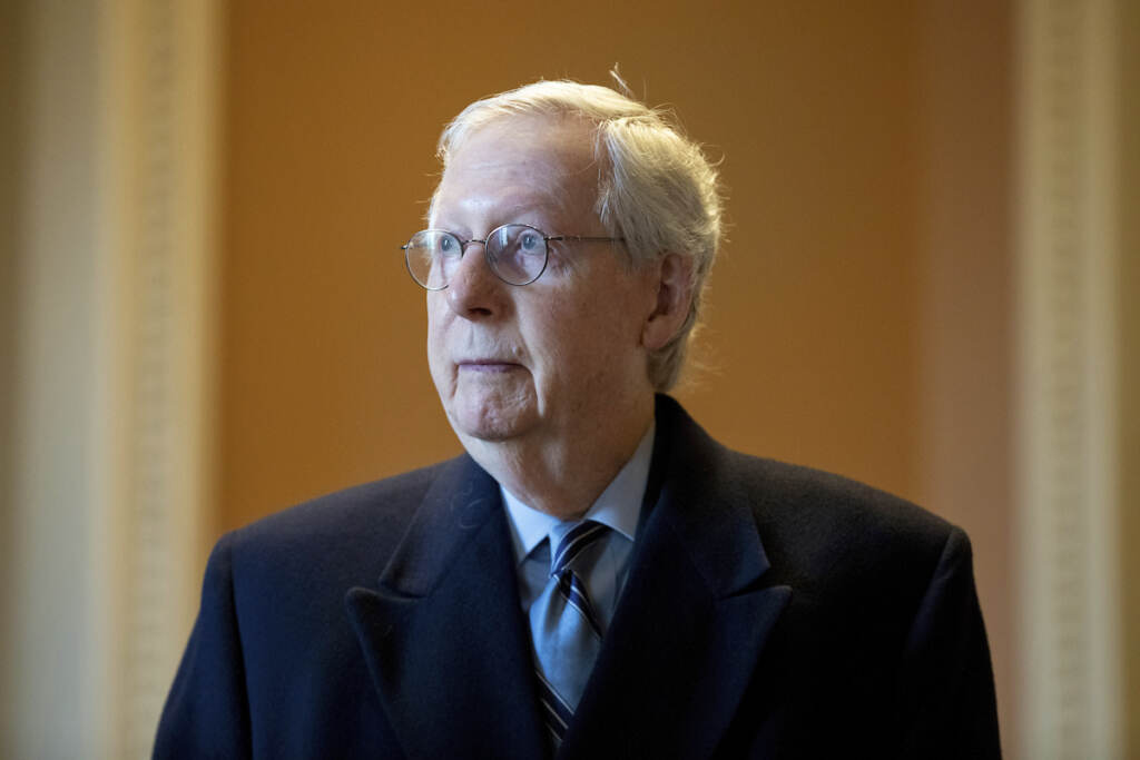 Mitch McConnell Senate Minority Leader Mitch McConnell, R-Ky., speaks to a reporter at the Capitol in Washington, Wednesday, Jan. 19, 2022. (AP Photo/Amanda Andrade-Rhoades)