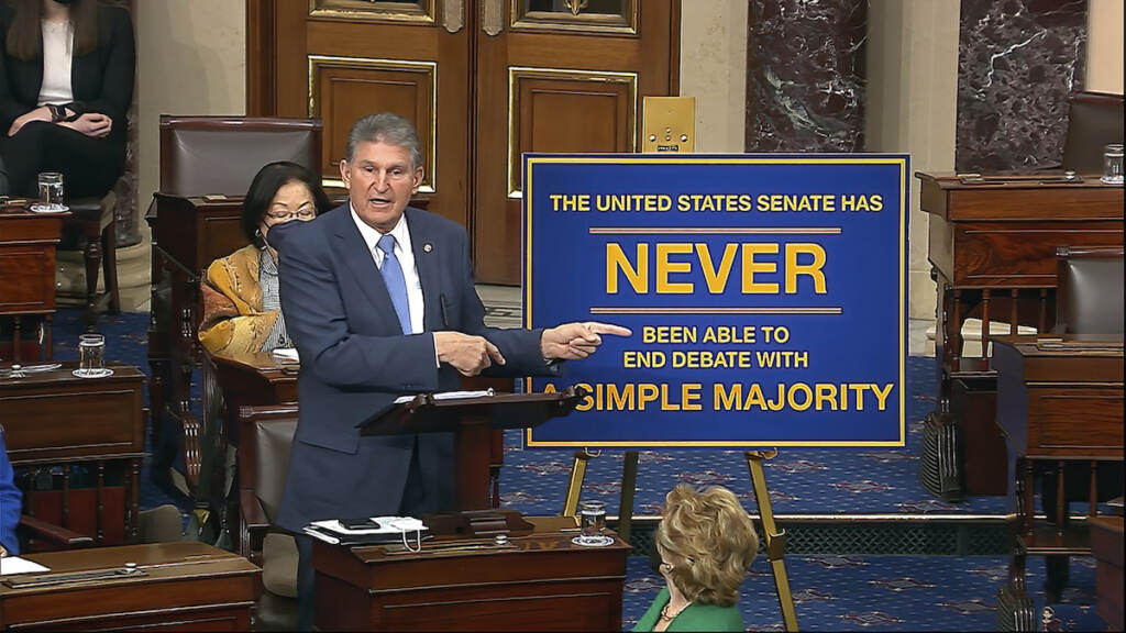 Congress Voting Bills In this image from Senate Television, Sen. Joe Manchin, D-W.Va., speaks on the floor of the U.S. Senate Wednesday, Jan. 19, 2022, at the U.S. Capitol in Washington. (Senate Television via AP)