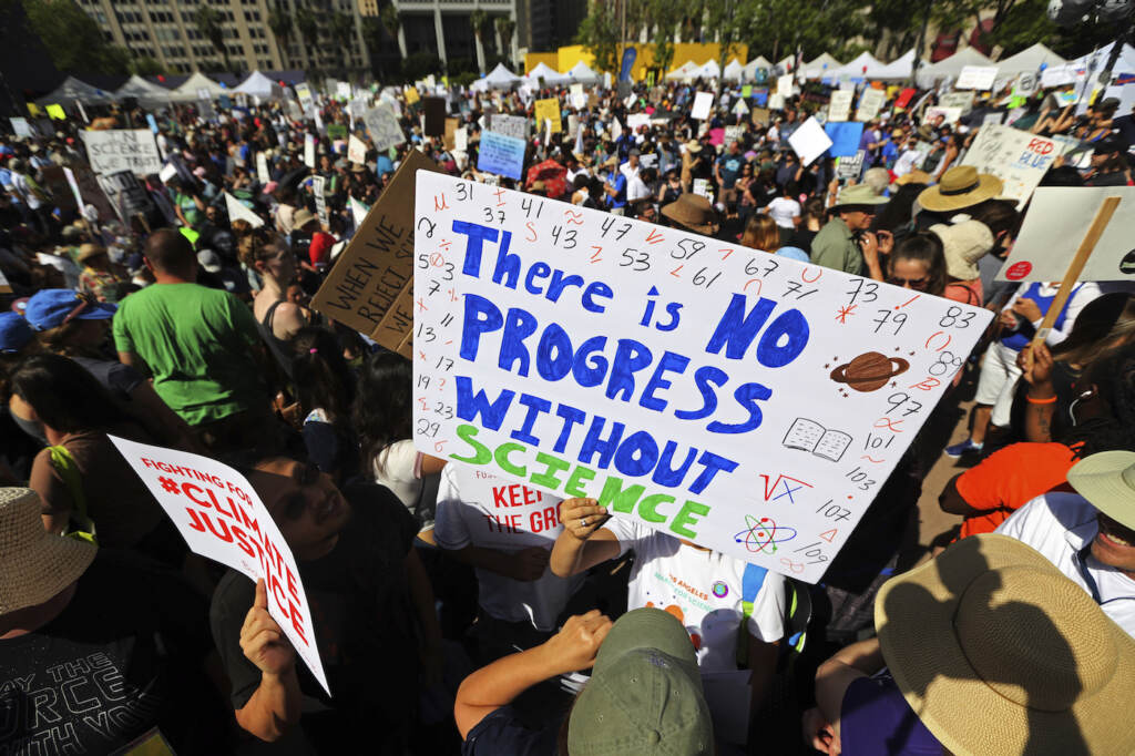 Poll Trust in Science Thousands of people rally at Pershing Square in downtown Los Angeles, part of the nationwide March for Science, taking place Saturday, April 22, 2017. They chanted