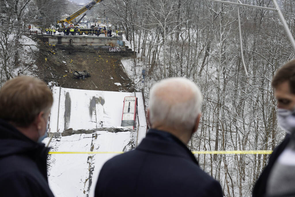 Joe Biden President Joe Biden visits the site where the Fern Hollow Bridge bridge collapsed Friday, Jan. 28, 2022, in Pittsburgh's East End. (AP Photo/Andrew Harnik)