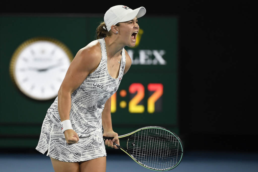 Ash Barty of Australia celebrates after defeating Danielle Collins of the U.S., in the women's singles final at the Australian Open tennis championships in Saturday, Jan. 29, 2022, in Melbourne, Australia