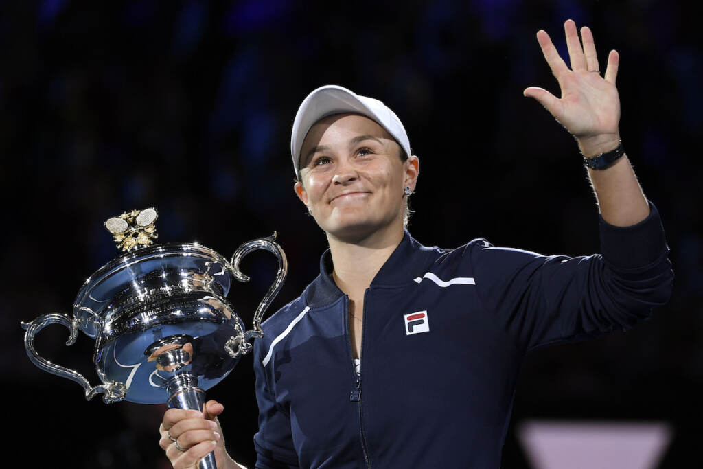 Ash Barty Ash Barty of Australia waves as she holds the Daphne Akhurst Memorial Cup after defeating Danielle Collins of the U.S., in the women's singles final at the Australian Open tennis championships in Saturday, Jan. 29, 2022, in Melbourne, Australia