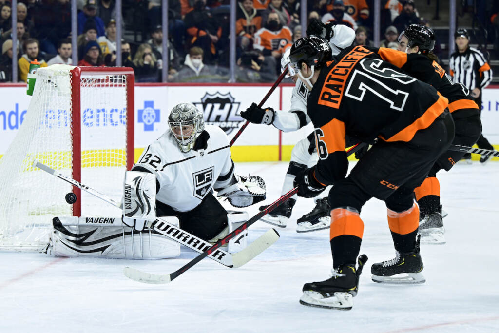 Jonathan Quick, Isaac Ratcliffe Los Angeles Kings goaltender Jonathan Quick, left, makes a save on a shot from Philadelphia Flyers' Isaac Ratcliffe (76) during the second period of an NHL hockey game, Saturday, Jan. 29, 2022, in Philadelphia. (AP Photo/Derik Hamilton)