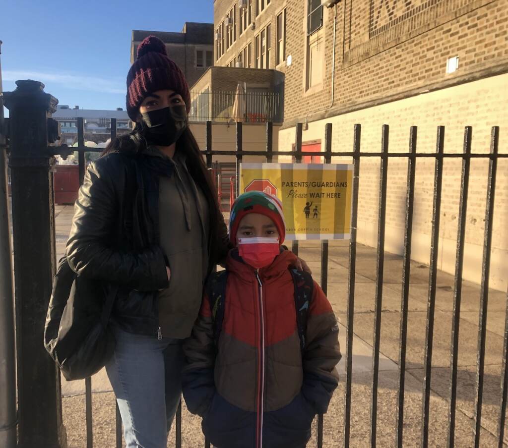 Berenice Guadarrama dropped off her seven-year-old son, Eder, on the first day back from winter break. His school opened in-person, while her daughter's went remote