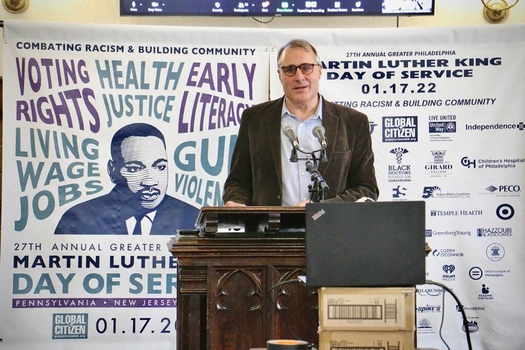 Todd Bernstein, founder and director of the Greater Philadelphia Martin Luther King Day of Service at Girard College announces the slate of activities for this year’s event. (Emma Lee/WHYY)