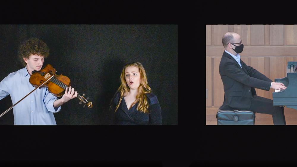 Left: Violist Jack Kessler and soprano Dalia Medovnikov performing together Right: A man playing the piano