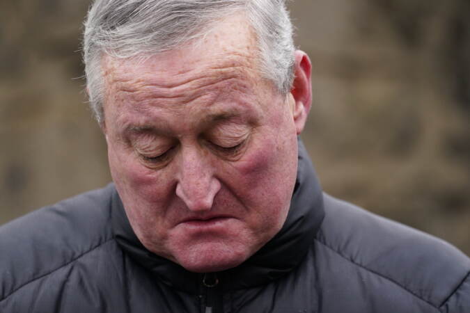Philadelphia Mayor Jim Kenney pauses while speaking at a news conference