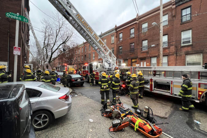 The exterior of a rowhouse that burned in Fairmount
