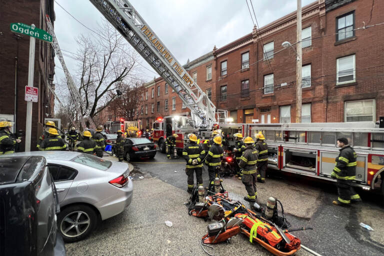 The exterior of a rowhouse that burned in Fairmount