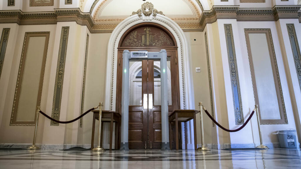 A metal detector stands outside of the House chamber