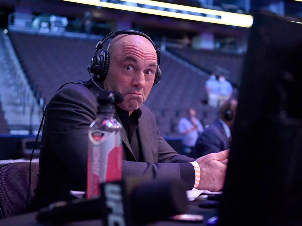 Joe Rogan, the comedian, TV commentator and podcaster, reacts during an Ultimate Fighting Championship event in May 2020. Announcer Joe Rogan reacts during UFC 249 at VyStar Veterans Memorial Arena on May 09, 2020 in Jacksonville, Florida. (Photo by Douglas P. DeFelice/Getty Images)