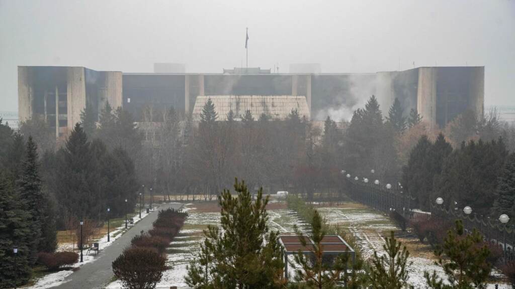 The burned-out administrative building in Almaty, Kazakhstan’s largest city, can be seen Friday. The country’s president has rejected calls for talks with protesters after days of unprecedented unrest and vowed to destroy “armed bandits.” This general view shows a burnt-out administrative building in central Almaty on January 7, 2022, after violence that erupted following protests over hikes in fuel prices. - Kazakhstan's president has rejected calls for talks with protesters after days of unprecedented unrest, vowing to destroy