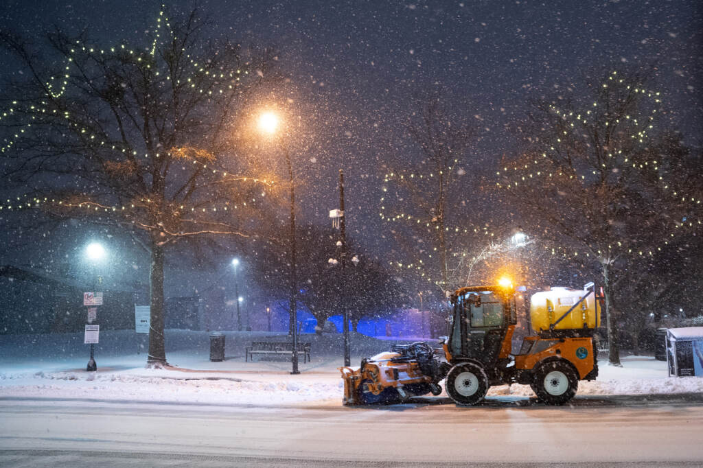 A snow plow clears Main St. on January 16, 2022 in Greenville, South Carolina. Snow, sleet and freezing rain are expected in the area for the remainder of the day. GREENVILLE, SC - JANUARY 16: A snow plow clears Main St. on January 16, 2022 in Greenville, South Carolina. Snow, sleet and freezing rain are expected in the area for the remainder of the day. (Photo by Sean Rayford/Getty Images)